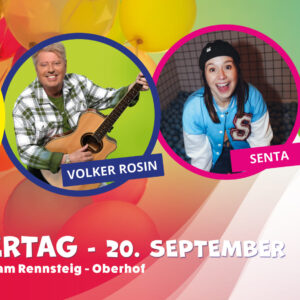 Bunter Banner Weltkindertag mit verschiedenen abgebildeten Künstlern und dem Veranstaltungsdatum 20.09.2026