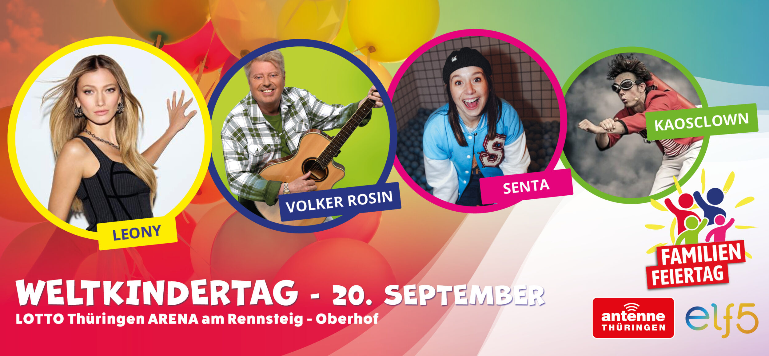 Bunter Banner Weltkindertag mit verschiedenen abgebildeten Künstlern und dem Veranstaltungsdatum 20.09.2026