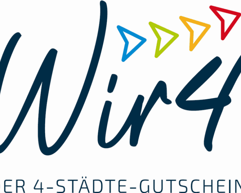 Das neue Logo des Vier-Städte-Gutscheins „Wir 4 – Der 4-Städte-Gutschein“. Ein gemeinsames Angebot der Städte Oberhof, Schleusingen, Suhl und Zella-Mehlis zur Stärkung der regionalen Wirtschaft und Innenstädte. / Quelle: Kommunale Arbeitsgemeinschaft (KAG) Oberzentrum Südthüringen