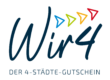 Das neue Logo des Vier-Städte-Gutscheins „Wir 4 – Der 4-Städte-Gutschein“. Ein gemeinsames Angebot der Städte Oberhof, Schleusingen, Suhl und Zella-Mehlis zur Stärkung der regionalen Wirtschaft und Innenstädte.