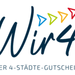 Das neue Logo des Vier-Städte-Gutscheins „Wir 4 – Der 4-Städte-Gutschein“. Ein gemeinsames Angebot der Städte Oberhof, Schleusingen, Suhl und Zella-Mehlis zur Stärkung der regionalen Wirtschaft und Innenstädte.