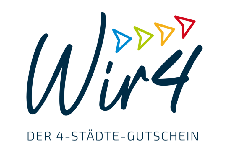 Logo des Vier-Städte-Gutschein Das neue Logo des Vier-Städte-Gutscheins „Wir 4 – Der 4-Städte-Gutschein“. Ein gemeinsames Angebot der Städte Oberhof, Schleusingen, Suhl und Zella-Mehlis zur Stärkung der regionalen Wirtschaft und Innenstädte.